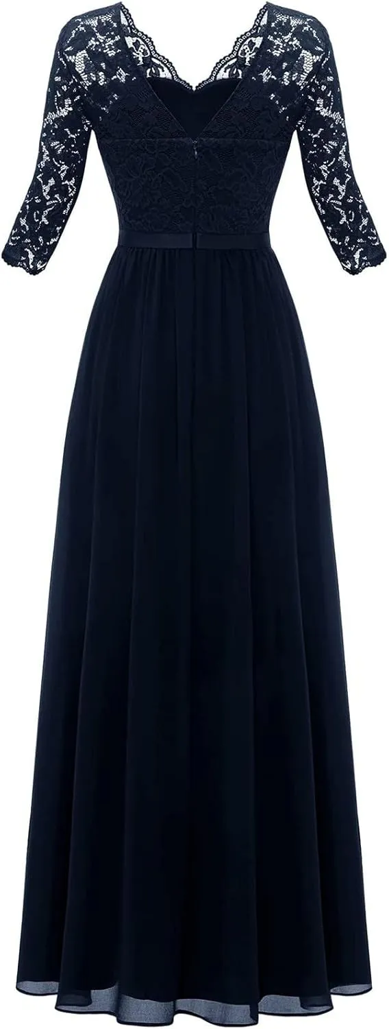 Women's Formal Wedding Guest Dress Fall Casual Flowy V-Neck Lace Maxi Dresses