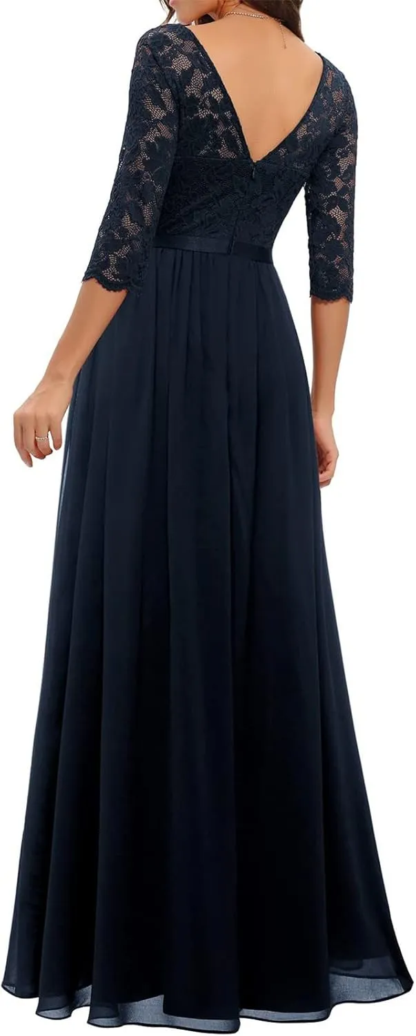 Women's Formal Wedding Guest Dress Fall Casual Flowy V-Neck Lace Maxi Dresses