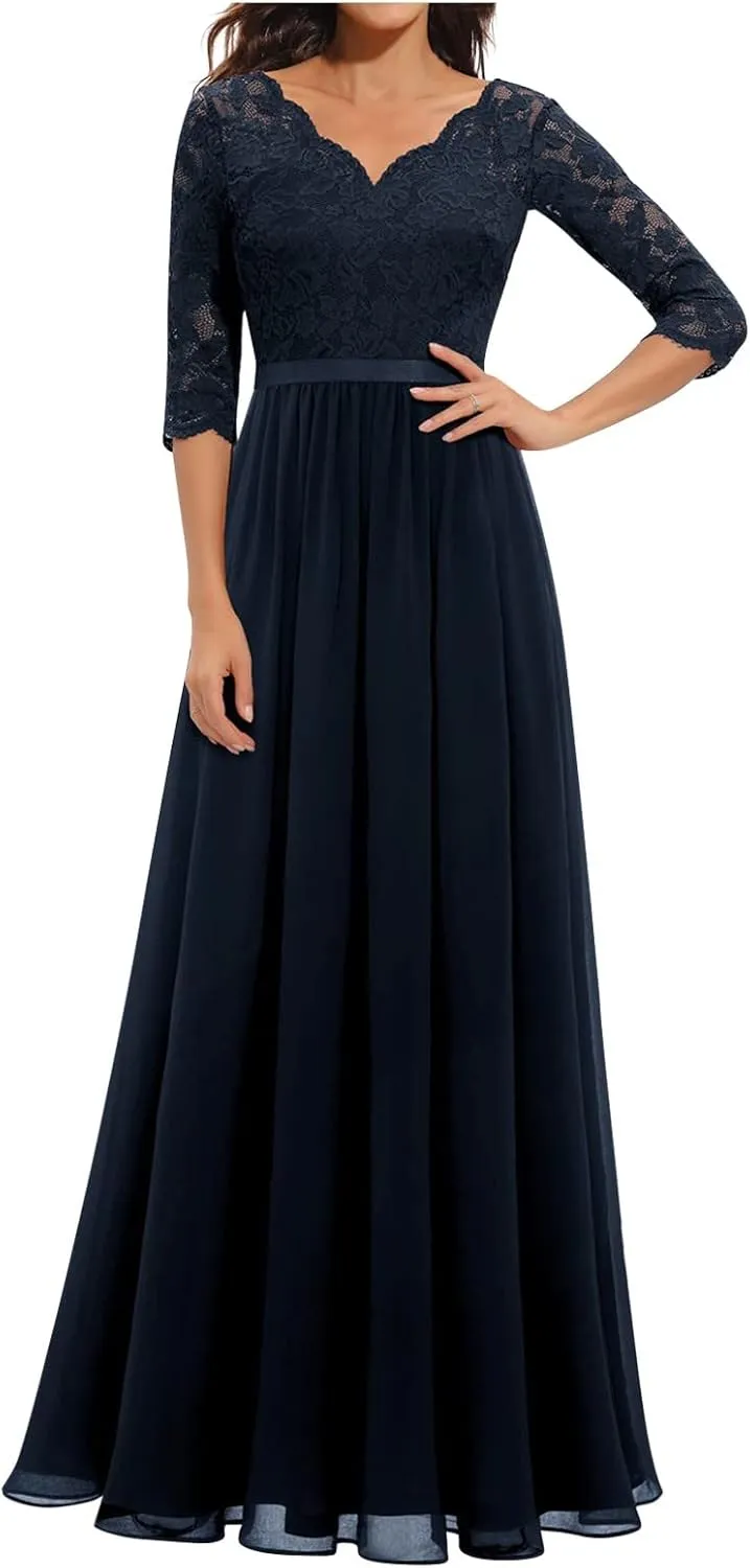Women's Formal Wedding Guest Dress Fall Casual Flowy V-Neck Lace Maxi Dresses