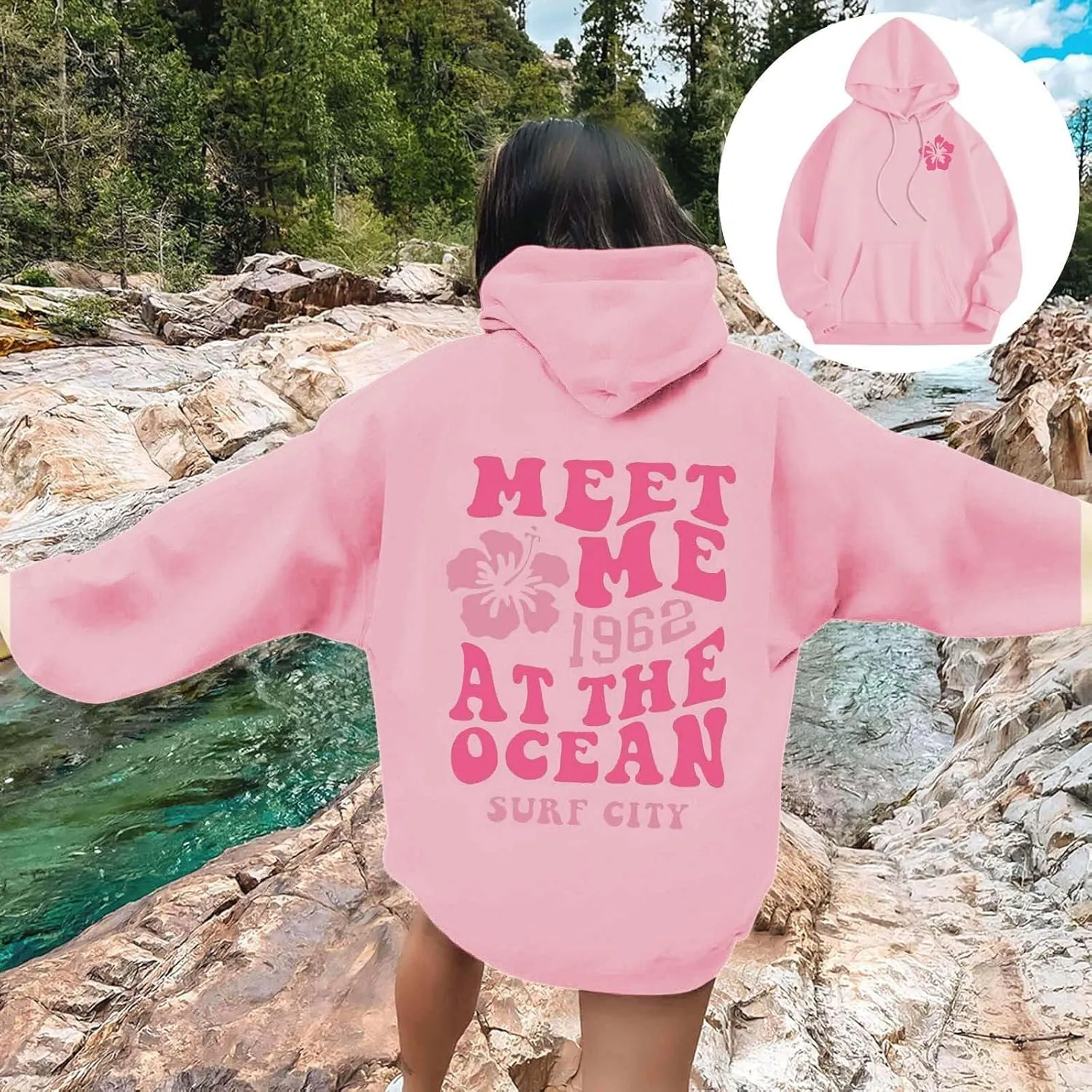 Womens Letter Floral Print Hoodie 2024 Oversized Baggy Trendy Thermal Sweatshirts Cozy Hip Hop Y2K Casual Streetwear
