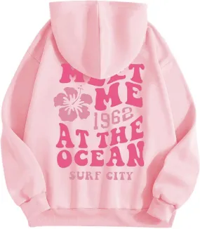 Womens Letter Floral Print Hoodie 2024 Oversized Baggy Trendy Thermal Sweatshirts Cozy Hip Hop Y2K Casual Streetwear