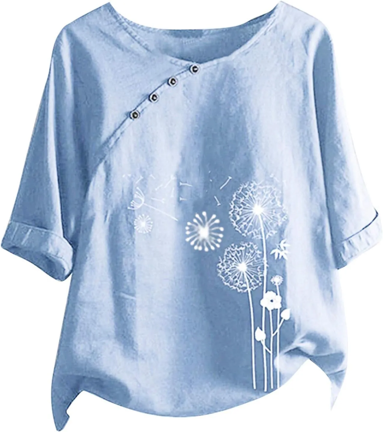 Women's Linen Summer Shirts Plus Size Tops Short Sleeve Floral Blouses Loose Fit Tunic Tops Soft Tshirts for Vacation