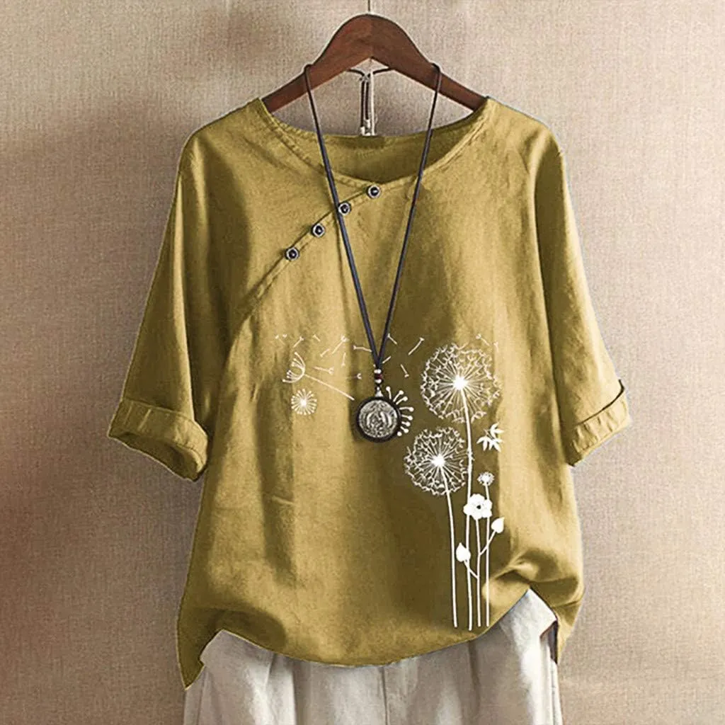 Women's Linen Summer Shirts Plus Size Tops Short Sleeve Floral Blouses Loose Fit Tunic Tops Soft Tshirts for Vacation