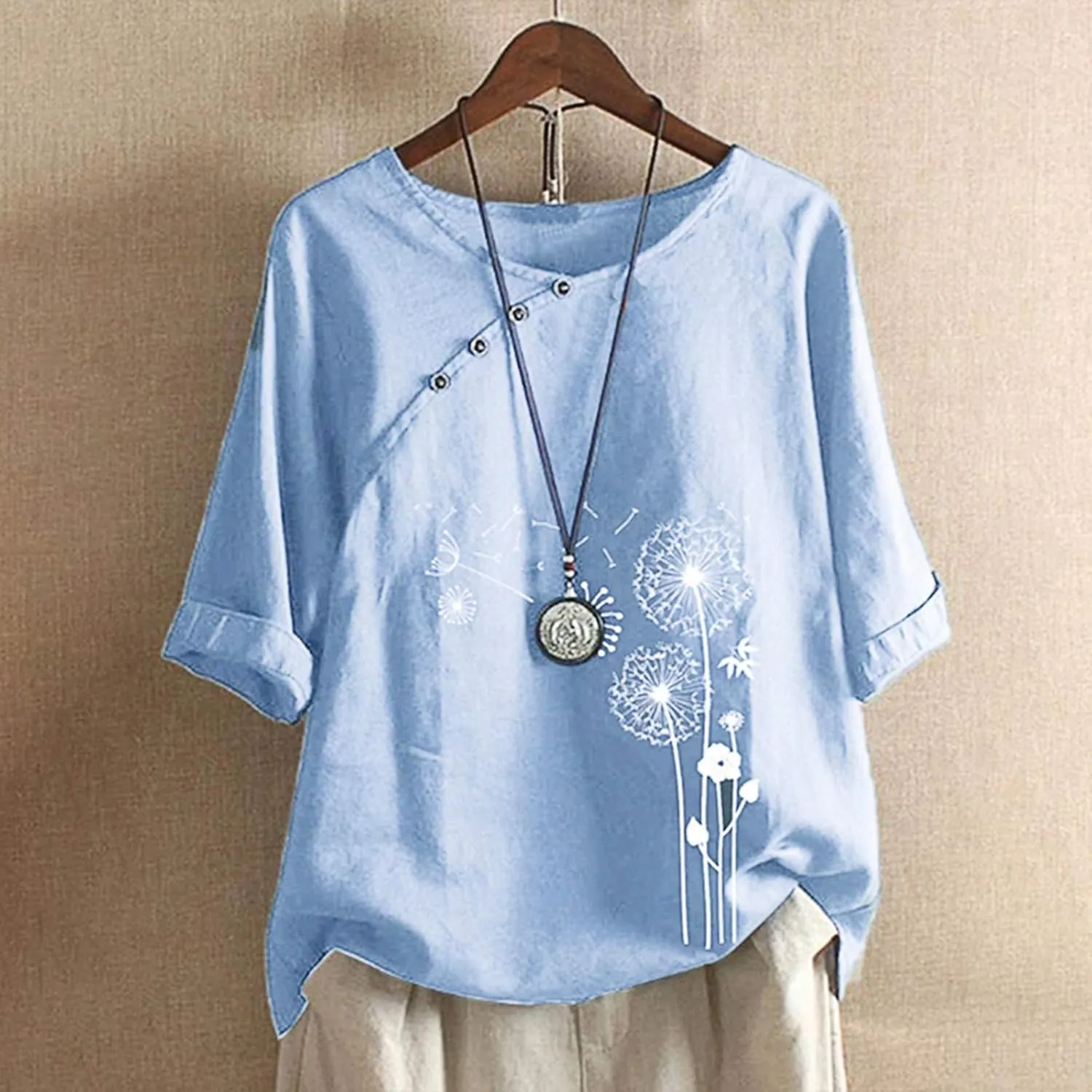 Women's Linen Summer Shirts Plus Size Tops Short Sleeve Floral Blouses Loose Fit Tunic Tops Soft Tshirts for Vacation