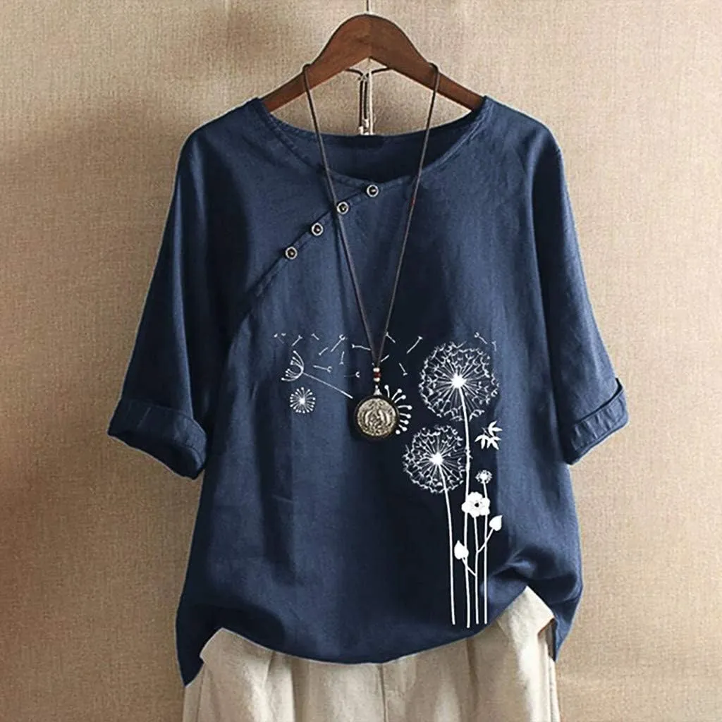 Women's Linen Summer Shirts Plus Size Tops Short Sleeve Floral Blouses Loose Fit Tunic Tops Soft Tshirts for Vacation