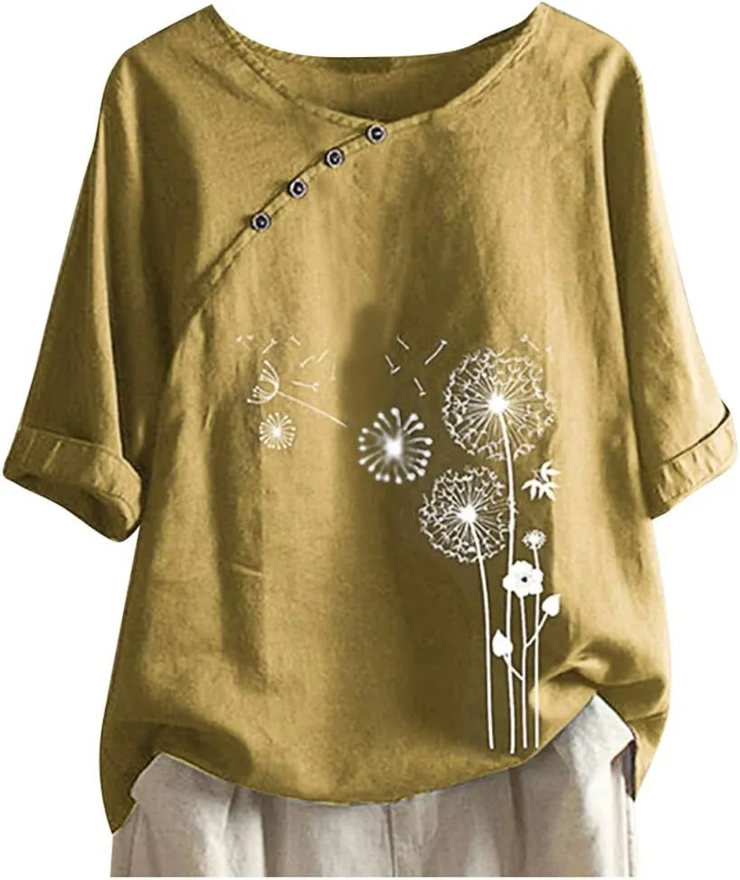 Women's Linen Summer Shirts Plus Size Tops Short Sleeve Floral Blouses Loose Fit Tunic Tops Soft Tshirts for Vacation
