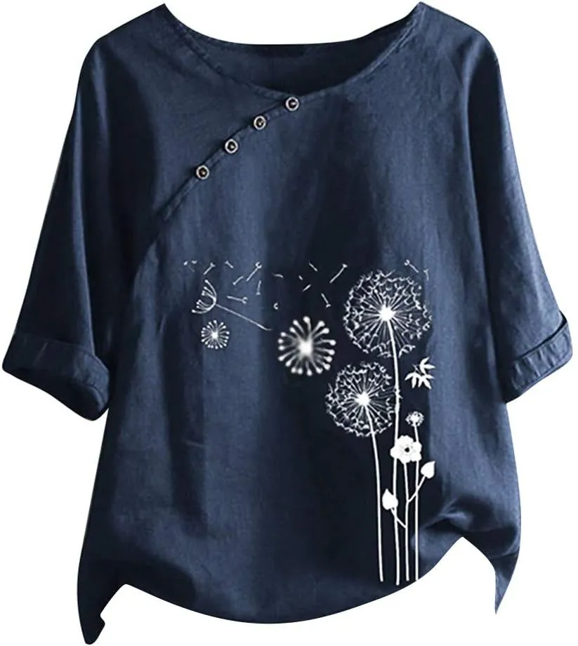Women's Linen Summer Shirts Plus Size Tops Short Sleeve Floral Blouses Loose Fit Tunic Tops Soft Tshirts for Vacation