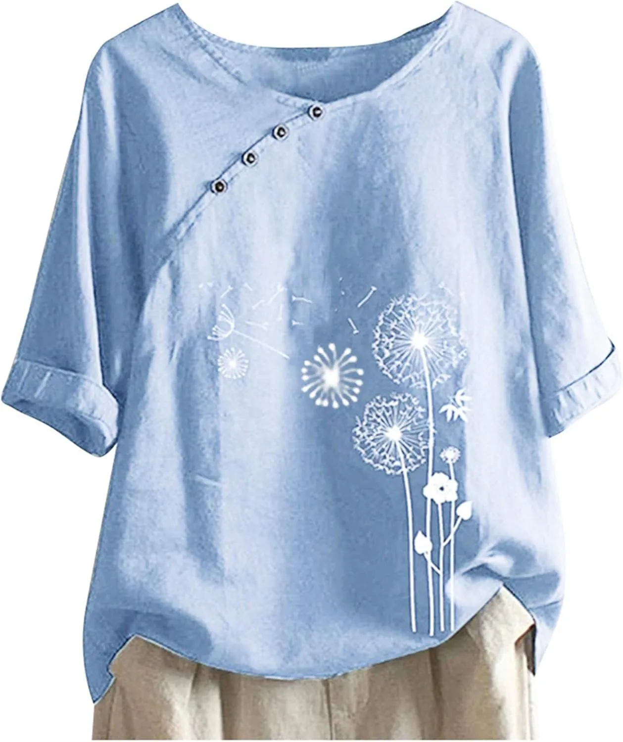 Women's Linen Summer Shirts Plus Size Tops Short Sleeve Floral Blouses Loose Fit Tunic Tops Soft Tshirts for Vacation