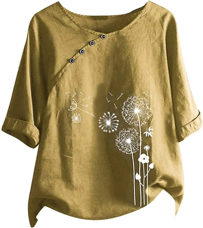 Women's Linen Summer Shirts Plus Size Tops Short Sleeve Floral Blouses Loose Fit Tunic Tops Soft Tshirts for Vacation