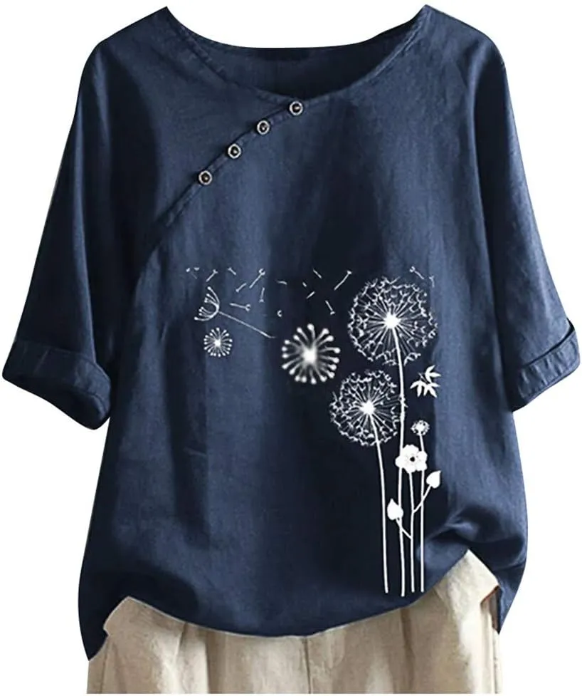 Women's Linen Summer Shirts Plus Size Tops Short Sleeve Floral Blouses Loose Fit Tunic Tops Soft Tshirts for Vacation