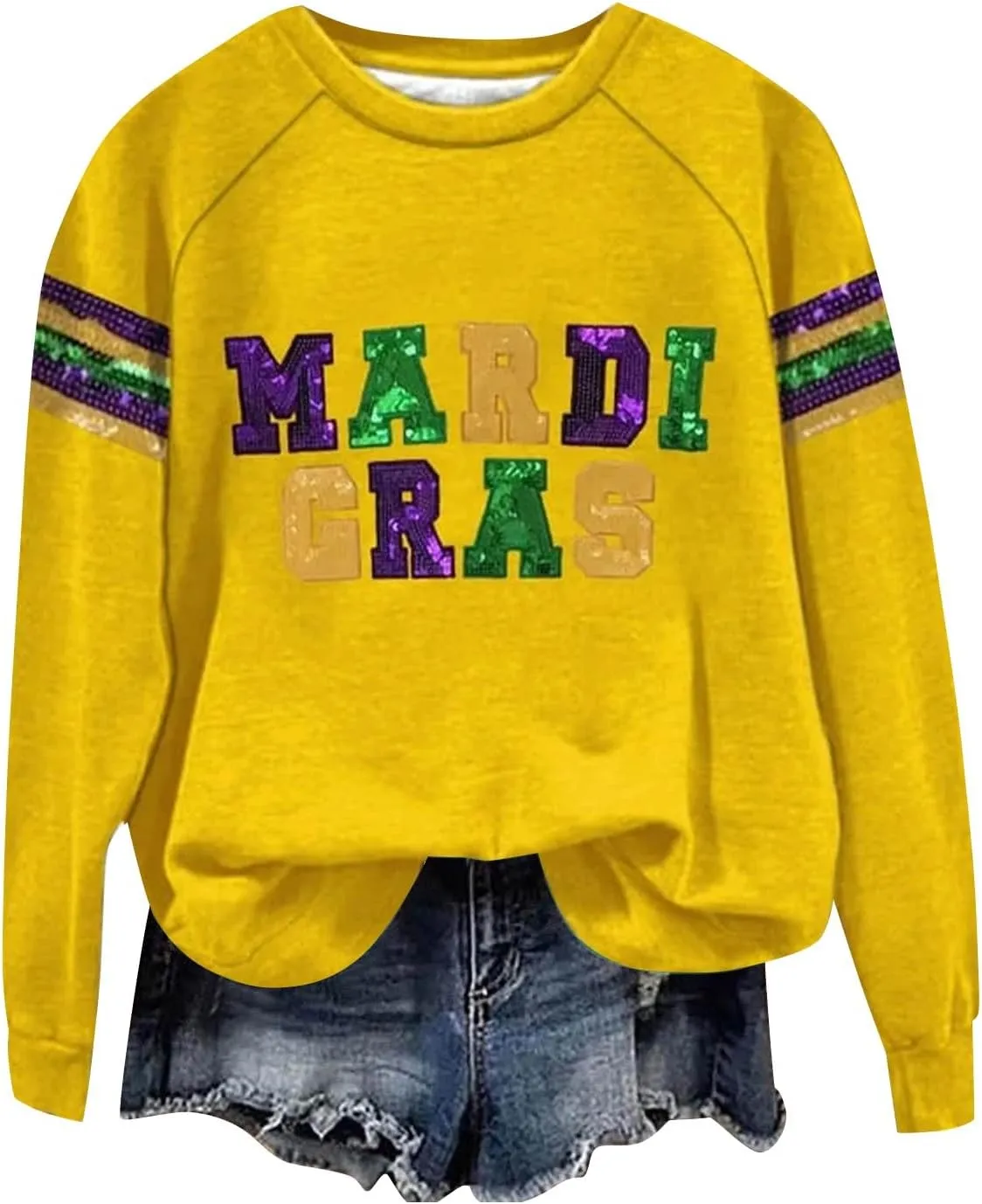 Womens Mardi Gras Sweatshirt Holiday Party Sequin Cozy Printed Trendy Blouse Street Sports Hiking Casual Pullover Top