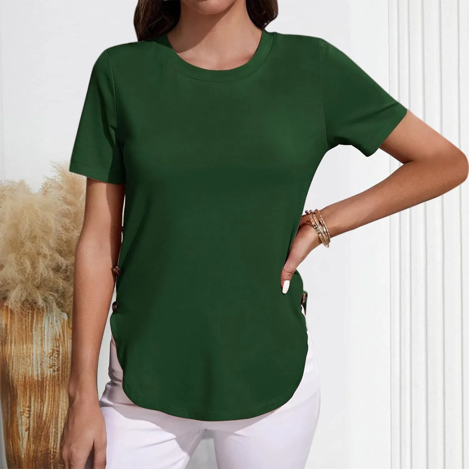 Women's Side Button Trim T-Shirt Dressy Short Sleeve Crewneck Tee Tops Summer Soft Comfy Casual Fitted Blouses