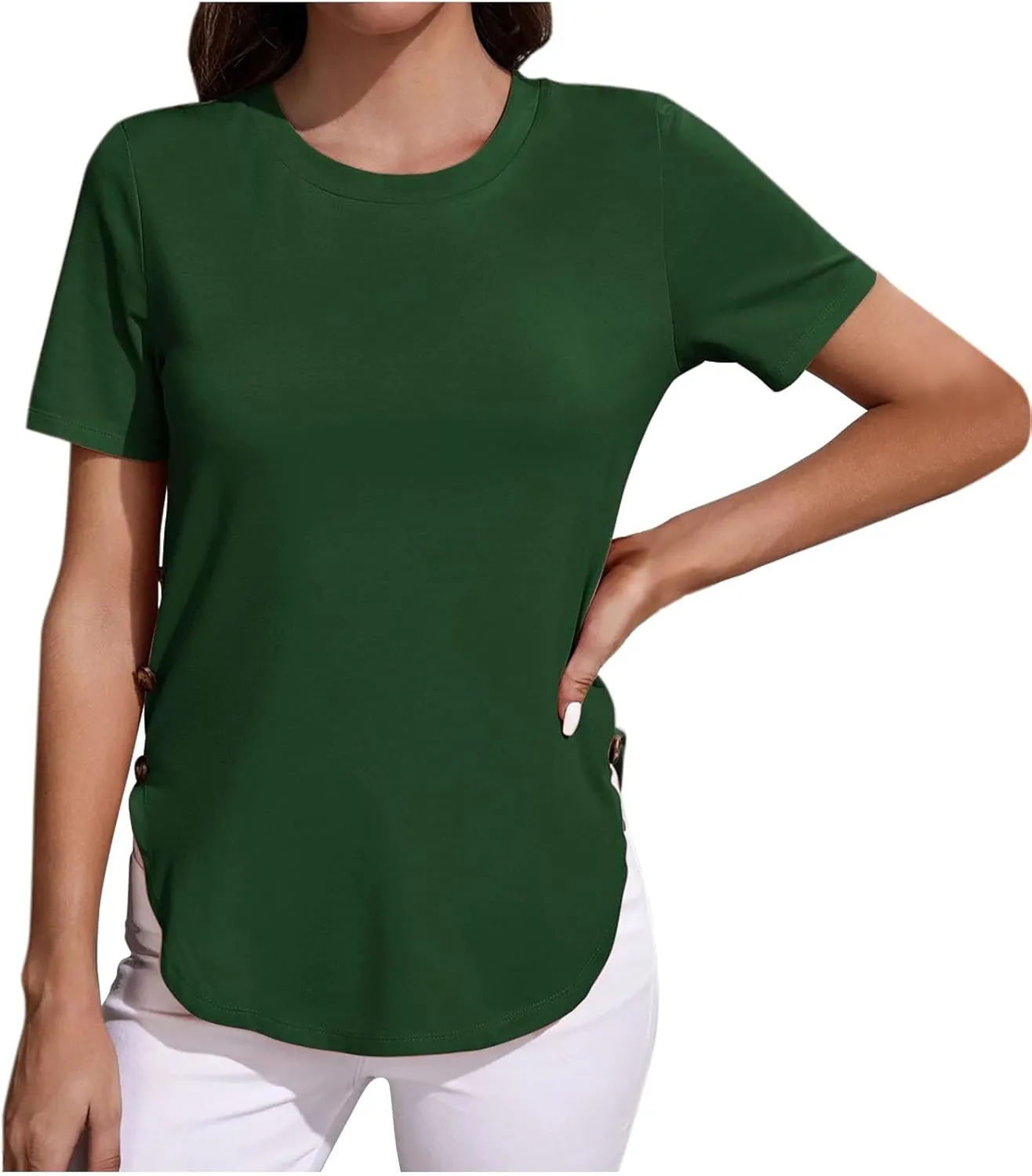 Women's Side Button Trim T-Shirt Dressy Short Sleeve Crewneck Tee Tops Summer Soft Comfy Casual Fitted Blouses