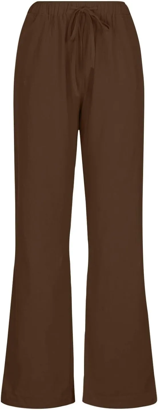 Women's Summer Drawstring Waist Wide Leg Loose Cotton Linen Palazzo Pants Lightweight Straight-Leg Casual Beach Pant