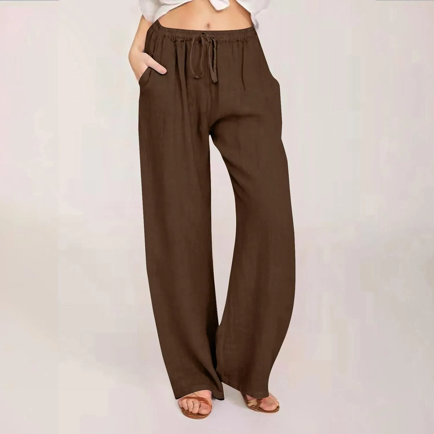 Women's Summer Drawstring Waist Wide Leg Loose Cotton Linen Palazzo Pants Lightweight Straight-Leg Casual Beach Pant