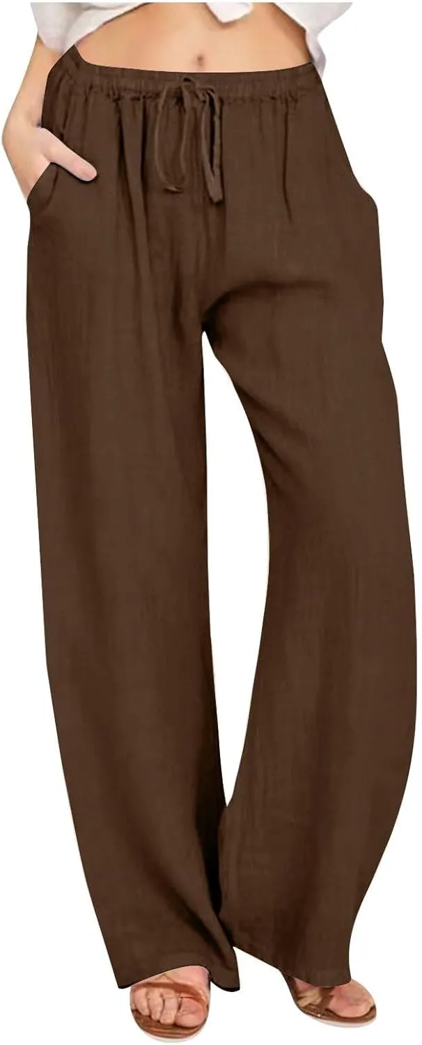 Women's Summer Drawstring Waist Wide Leg Loose Cotton Linen Palazzo Pants Lightweight Straight-Leg Casual Beach Pant