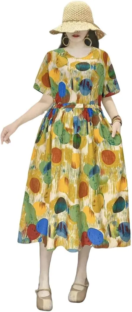 Women's Summer Loose Pocket Dress Retro Literary High Waist for Casual Daily Art