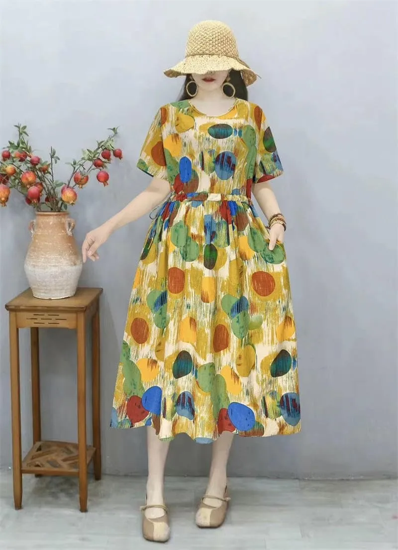 Women's Summer Loose Pocket Dress Retro Literary High Waist for Casual Daily Art