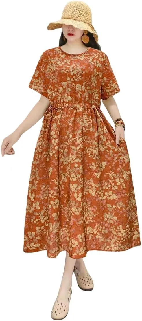 Women's Summer Loose Pocket Dress Retro Literary High Waist for Casual Daily Art