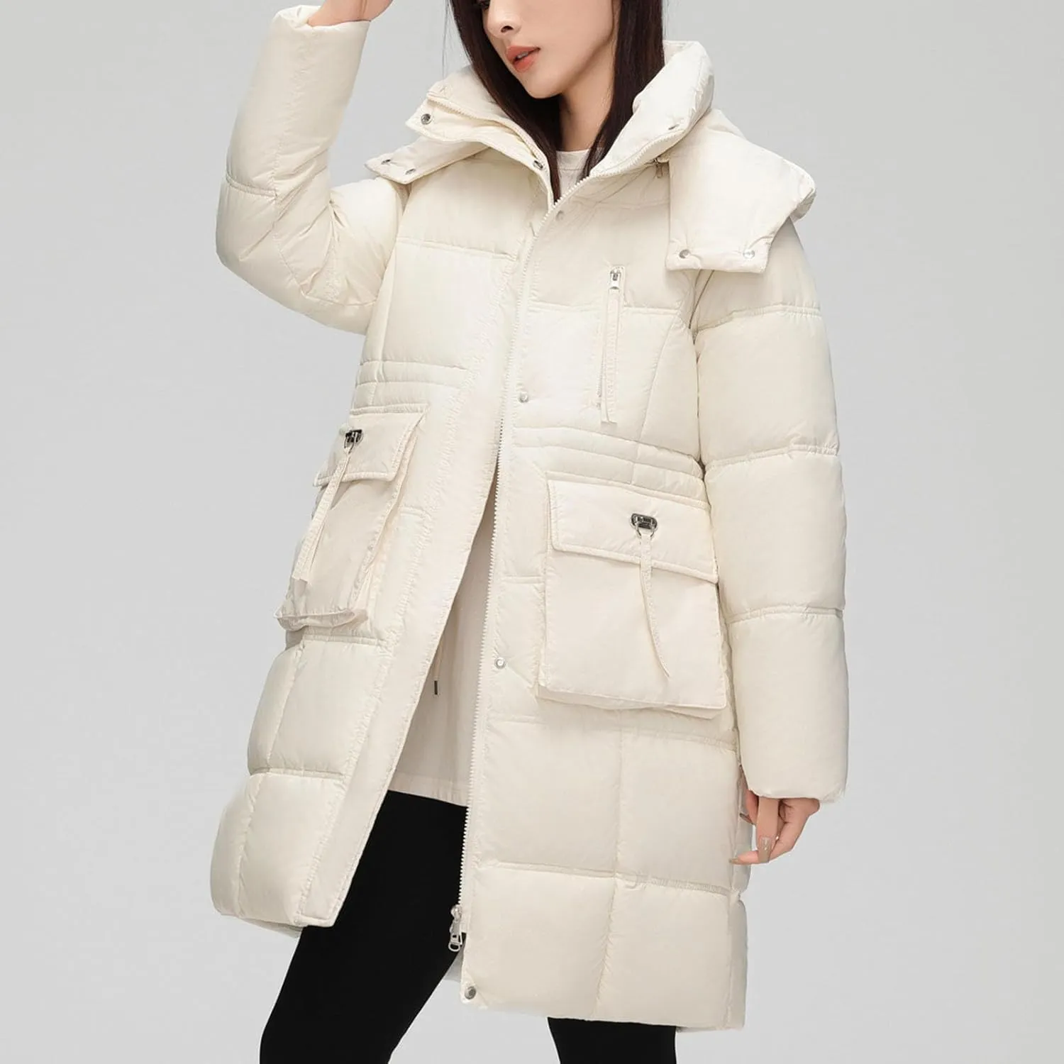 XUNRYAN Winter Down Coats for Women Warm Puffer Jackets Hooded Thicken Warm Parka Anorak Windbreaker Ski Overcoat Pockets