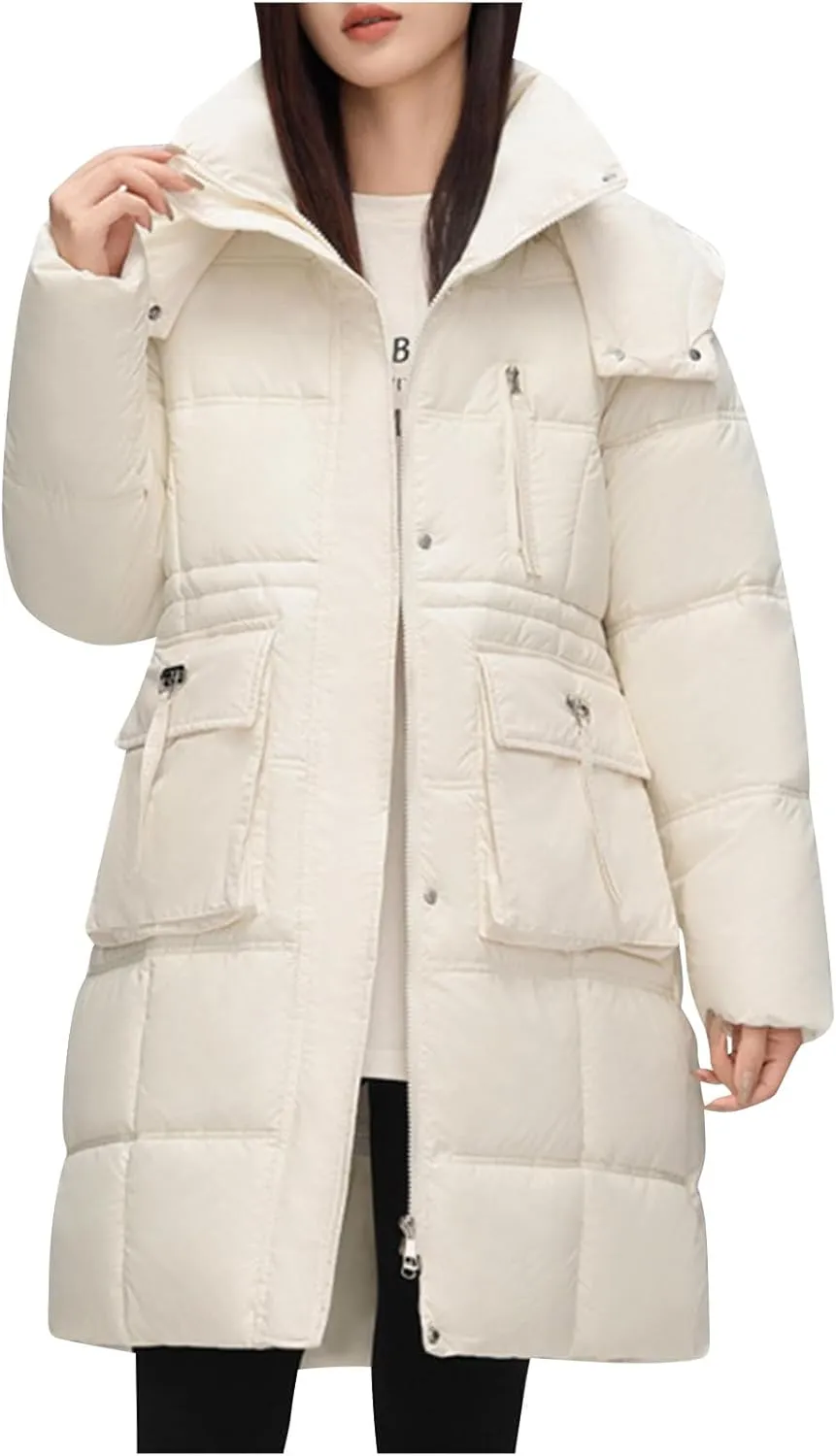 XUNRYAN Winter Down Coats for Women Warm Puffer Jackets Hooded Thicken Warm Parka Anorak Windbreaker Ski Overcoat Pockets